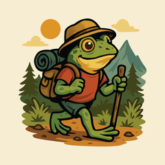 Cartoon Frog Hiking in the Mountains with Backpack, Walking Stick, and Sunny Forest Background