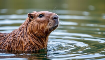 an adult beaver swimming in water, appearing to look off into the distance with its mouth slightly open