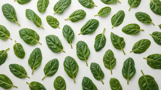Isolated green spinach leaves overhead on white background. Vegetable arrangement layout. Empty space. Studio photograph