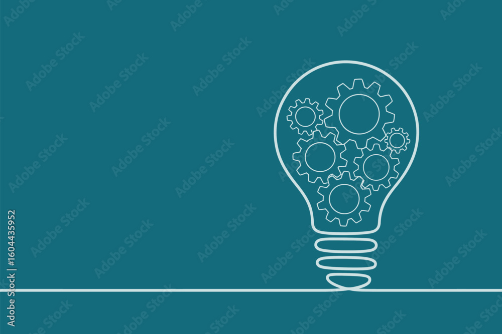 Poster a lightbulb outline filled with gears on a teal background with a horizontal line at the bottom edge