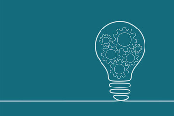 A lightbulb outline filled with gears on a teal background with a horizontal line at the bottom edge