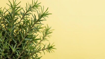 Green and yellow blurred background with a fresh rosemary bundle