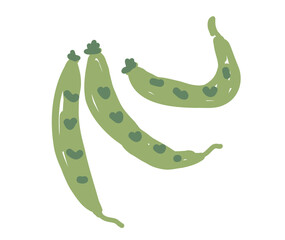 Pea pods with heart-shaped peas in hand-drawn doodle style. Vegetarian food and garden harvest concept.