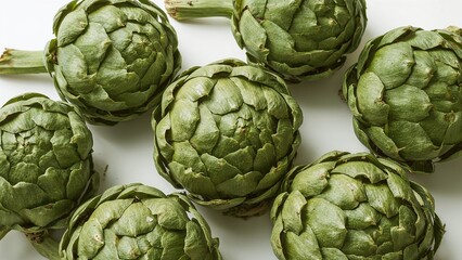 Fototapeta premium Fresh entire artichokes displayed against a plain white surface