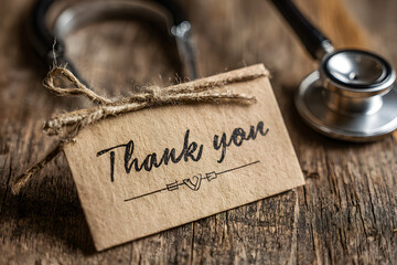Stethoscope with thank you card symbolizing appreciation and gratitude for healthcare professionals, medical care, and support