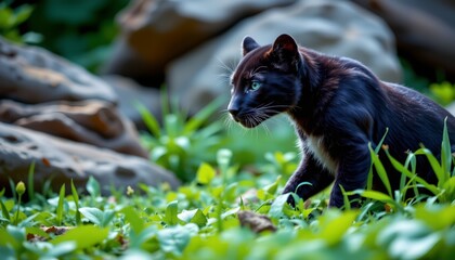 Fototapeta premium a black panther in a natural environment. the animal is captured mid stride as it walks through lush greenery, with rocks and foliage surrounding it