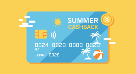 Summer Cashback Credit Card: Holiday Savings, Beach Vacation, Tropical Design on Yellow Background
