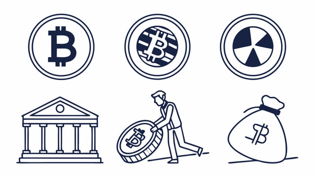 Cryptocurrency and banking concept icons.