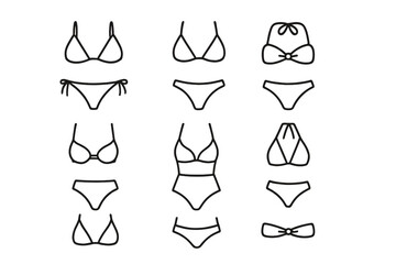 Fototapeta premium Bikini and swimsuit line icon set. Collection of various women's swimwear designs. Summer beach fashion outline vector illustration. Lingerie and underwear symbols.