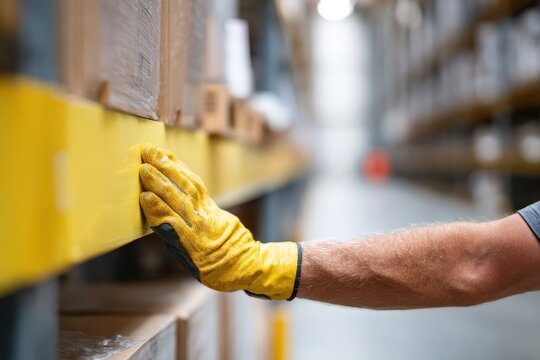 Safety training workplace rules concept. Warehouse worker inspecting stock on shelves with safety gloves.