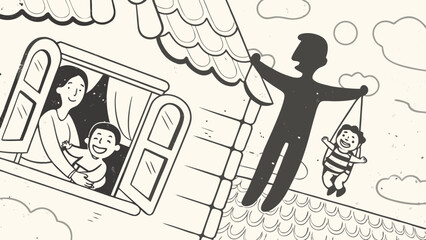 Obraz premium Illustration of a mother and child at a window and a father swinging a child from a roof line silhouette