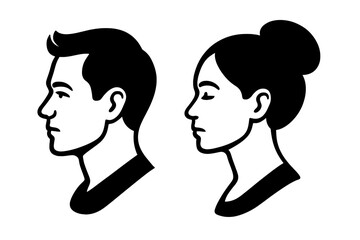 Set of male and female profile avatars. Black and white vector head silhouettes for user icons. Minimalist people characters for social media, web design, and UI elements.