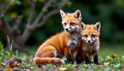 Obraz premium two foxes sitting together in a grassy area with fallen leaves around. they are looking towards the camera, appearing to be a pair, possibly siblings or mates