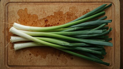 Bright green spring onions resting on a chopping surface