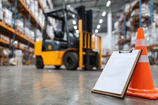 Safety training workplace rules concept. Warehouse scene featuring a forklift and safety cones.
