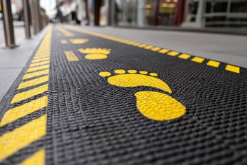 Safety training workplace rules concept. Footprints on a textured walkway with yellow safety markings in an urban setting.