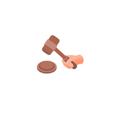 Isometric Illustration: Hand Holding Gavel About to Strike Brown Sound Block