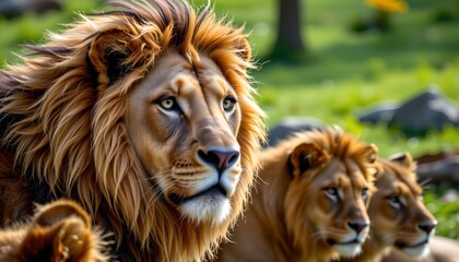 a majestic lion stands prominently in the foreground, gazing directly into the camera