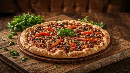 Baked pizza loaded with seasoned beef, hot chili peppers, and beans