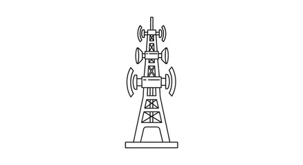 Fototapeta premium Isolated minimalistic outline communication tower broadcasting signals on white background, line art style representation of telecommunication