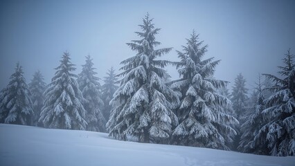 Naklejka premium Snow-covered evergreen landscape shrouded in freezing fog