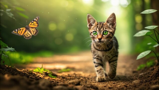 Curious kitten encounters a colorful butterfly on a sunlit forest path