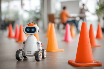 Fototapeta premium Safety training workplace rules concept. A small robot navigates through colorful cones in a modern workspace.