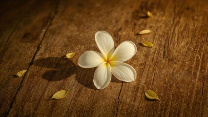 Fototapeta premium Frangipani Flower Laid on Rustic Wooden Floor