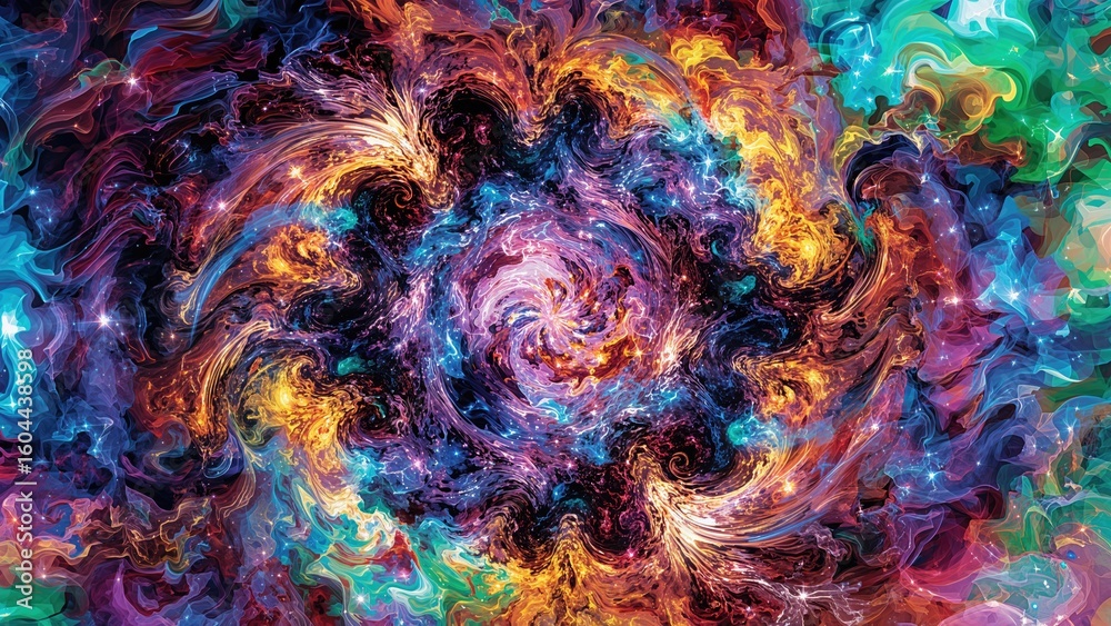 Poster colorful fractal forms produce a sense of motion in the abstract background