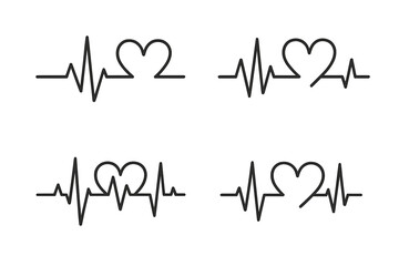 Heartbeat line vector icon. EKG, ECG cardiogram with heart shape. Love symbol, health, life pulse. Medical, cardiology, healthcare illustration. Set of 4 simple icons.