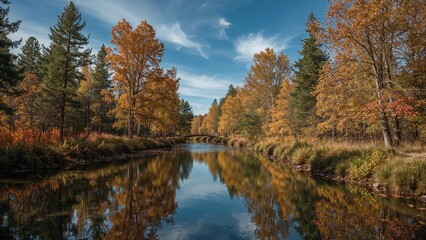 Riverside Autumn Trees beneath a Bright Blue Sky