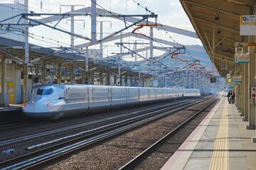 Shinkansen on platform in Himeji, Japan