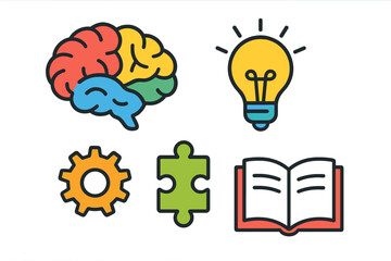 Creative thinking and learning icon set. Brain, lightbulb, gear, puzzle, book symbols. Metaphor for innovation, ideas, problem-solving, knowledge and education. Vector.