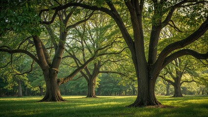 Obraz premium Green forest illuminated by sunlight with natural tree backgrounds
