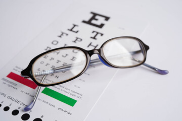 Glasses on eye exam chart to test eyesight accuracy of reading.