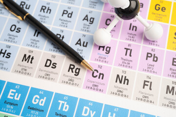 Molecules chemical on a periodic table background.