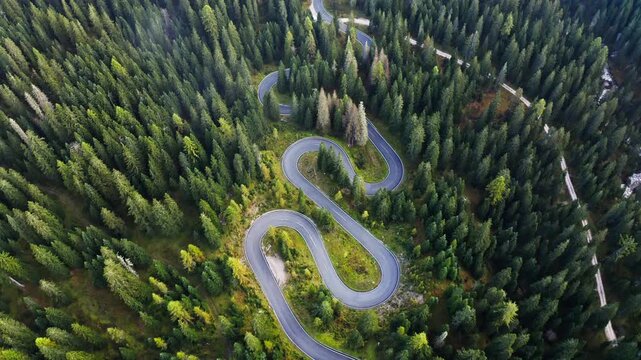 Aerial view of the winding Strada a serpente Passo Giau, a ribbon of dark asphalt cutting through the lush green forest of the Dolomites, Italy.