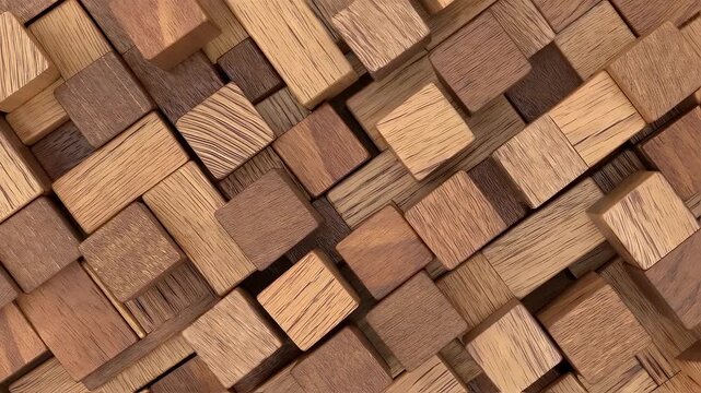 Add visual interest r motion graphics close up looping animation wooden blocks forming geometric patterns combining dynamic lighting natural textures artistic design
