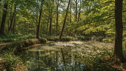 Summer scene of a forest pond with a wooden trail