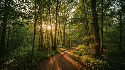 Fototapeta premium Summer woodland scene with tall trees and a slender trail bathed in gentle morning sunlight