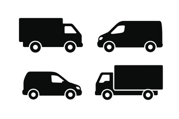 Delivery truck silhouette set. Vector icons of cargo van, lorry, and commercial vehicles. Logistics, shipping, and transportation symbols for business and freight services.