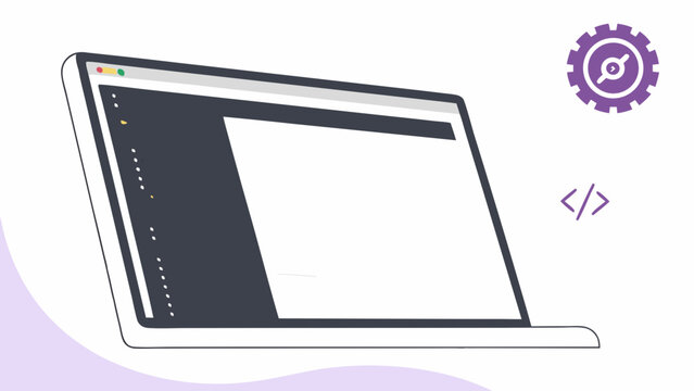 Laptop computer with coding symbols and web design on screen.