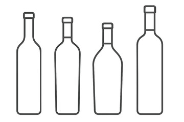 Wine bottle outline icon set. Assorted alcohol beverage shapes for bar menu or restaurant design. Collection of simple line art vectors for winery branding.