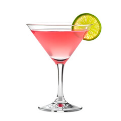 Pink Martini Glass: A vibrant, pink martini cocktail, elegantly presented in a classic glass with a fresh lime garnish, inviting a refreshing and stylish experience.