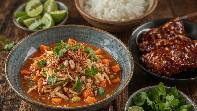 Pork Served with Papaya Salad and Rice