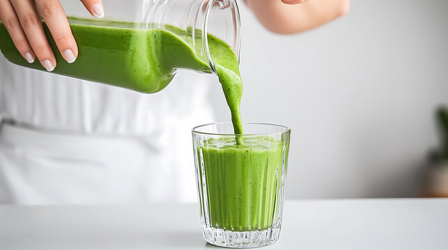 Pouring vibrant green smoothie from a pitcher into a glass. A refreshing and nutritious beverage. Perfect for a healthy lifestyle!