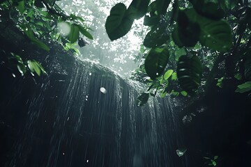 Enchanting rainforest waterfall view with lush green foliage and refreshing rainfall