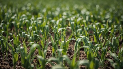 Obraz premium Agricultural closeup of maize sprouts thriving in earth, representing alternative green energy.