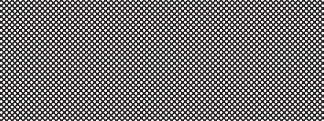 Perforated mesh metal with pattern and texture by speaker or micro grill background in seamless black net and round grid of steel plate. Polka dot bg. © YEVHENIIA