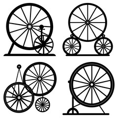 Fototapeta premium Four different arrangements of wheels and stands in black and white illustration design with spokes